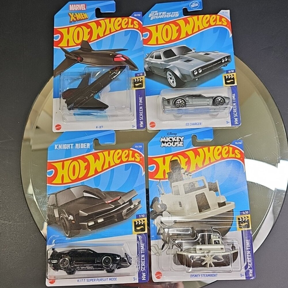 Four Hot Wheels Diecast Screen Time K.I.T.T. Disney Steamboat X-Jet XMen Charger